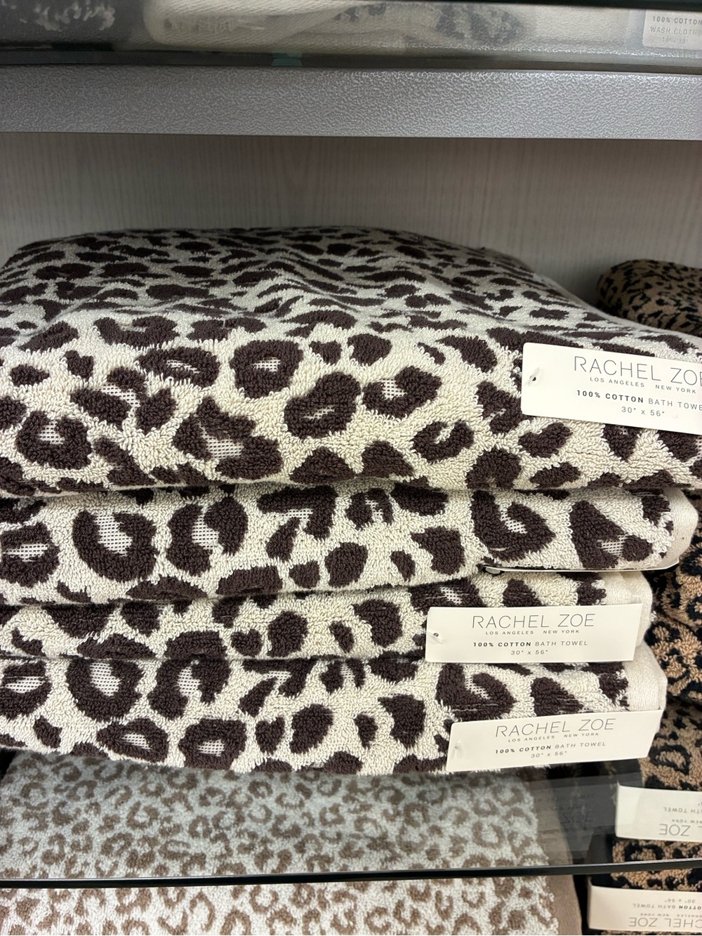 SET OF 3!!! Rachel Zoe Leopard Print Cotton Bath Towels in Cream and Brown